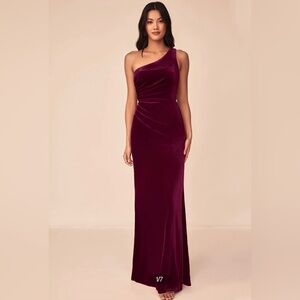 Burgundy Velvet One Shoulder Azazie Argan Bridesmaid Dress